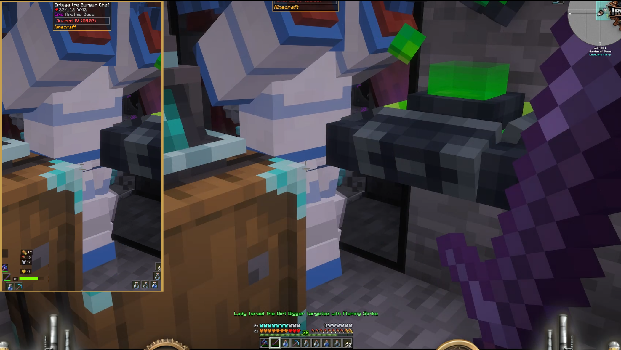 Minecraft stream showing Huudy overlay with health, armor, hunger, and hotbar visible on the left, compared to the same scene without an overlay on the right