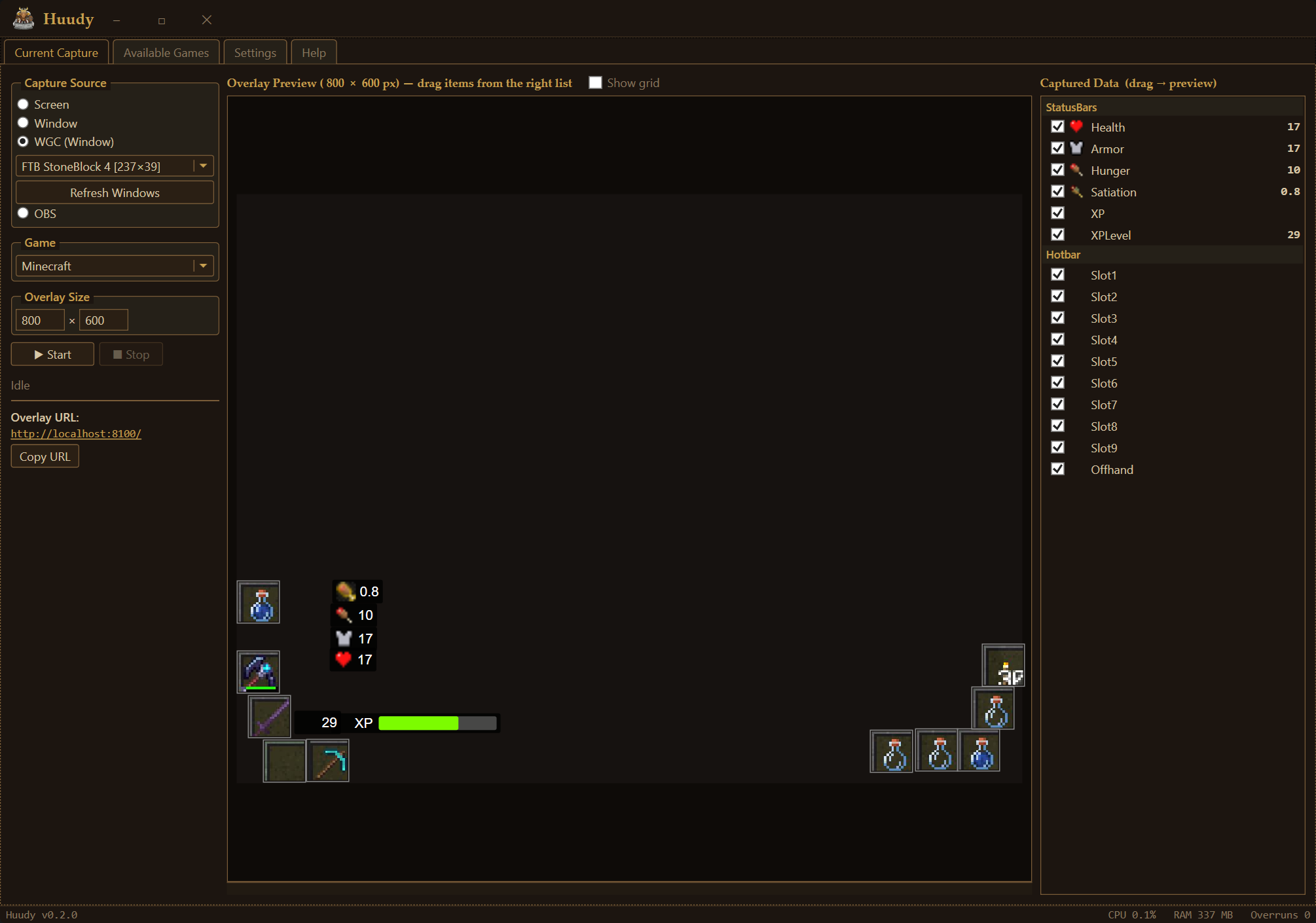 Huudy app with Minecraft selected, showing live stat readings on the right and the overlay URL with a Copy URL button at the bottom left