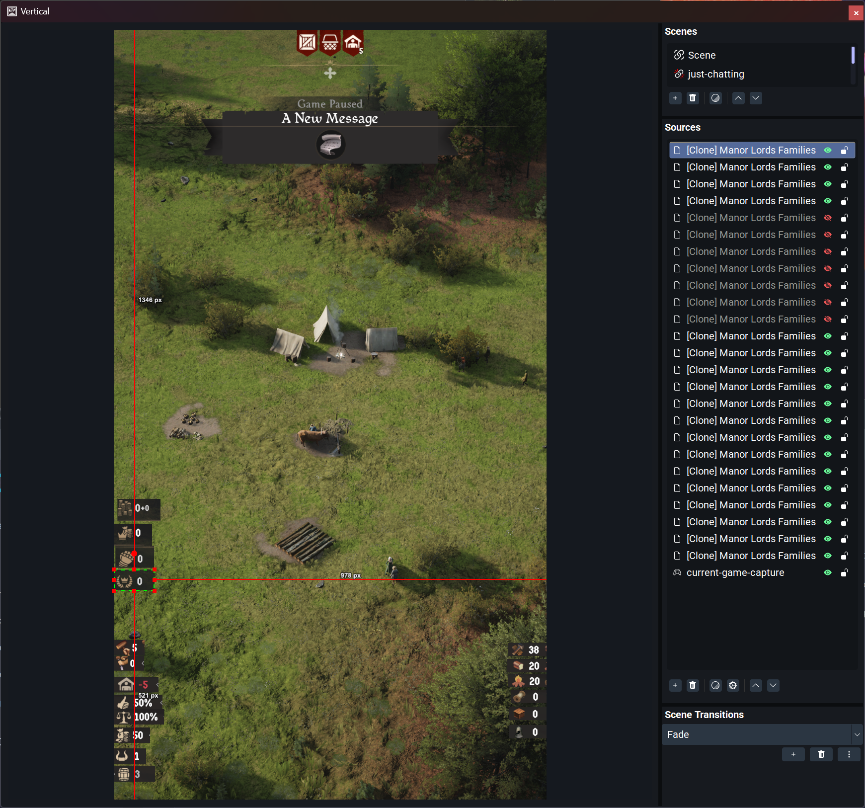 OBS sources panel showing eight or more entries all named Clone Game Capture, each cropping a different region of the same game